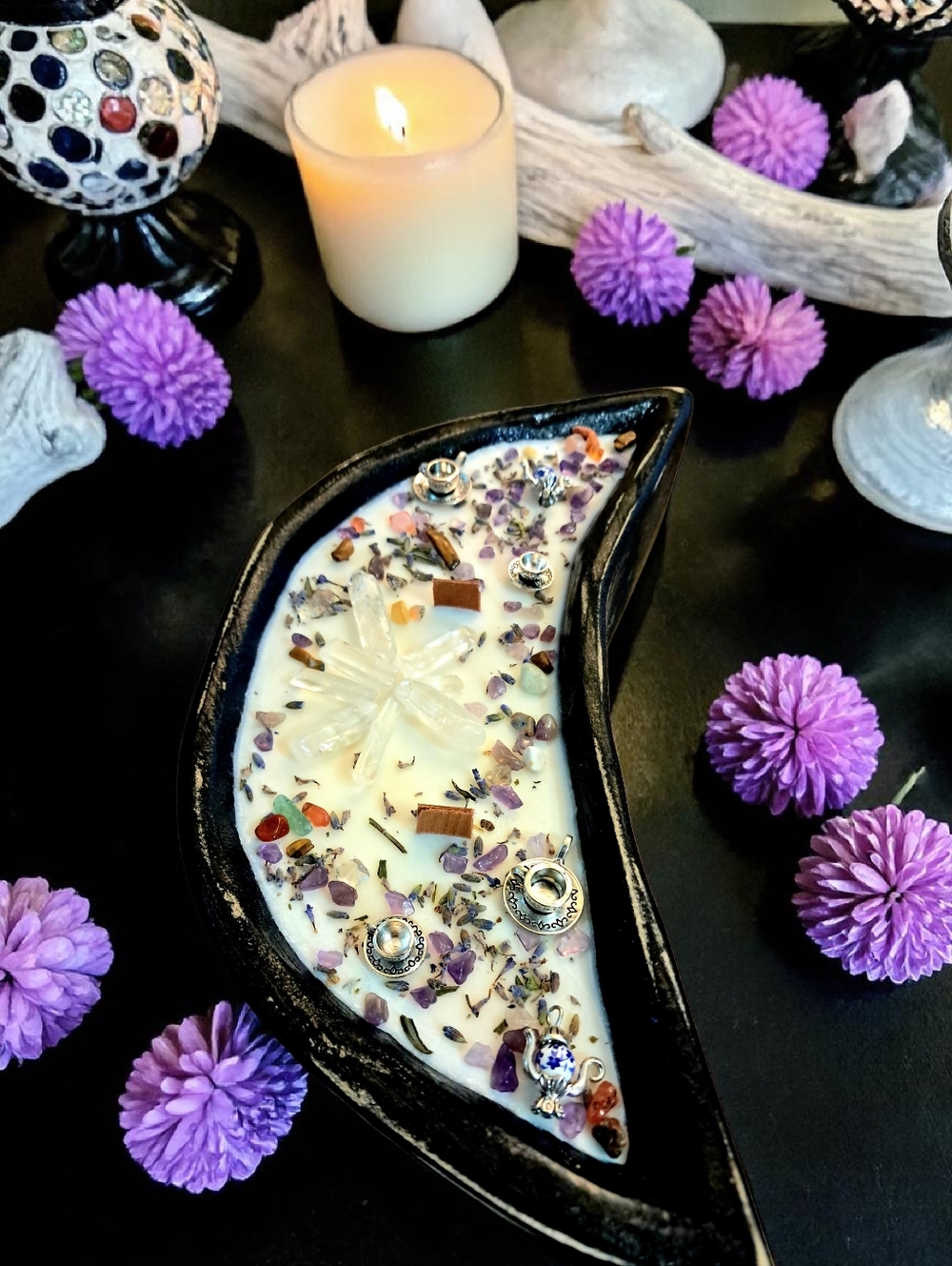 Hand Crafted , Wicked Worthy Wax, Crystal Tea Party wooden moon candle - Picture 4 of 5